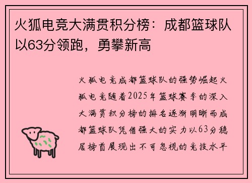 火狐电竞大满贯积分榜：成都篮球队以63分领跑，勇攀新高