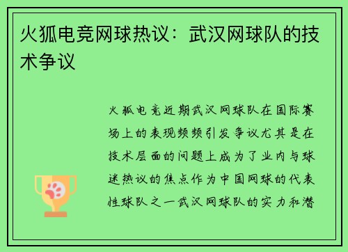 火狐电竞网球热议：武汉网球队的技术争议